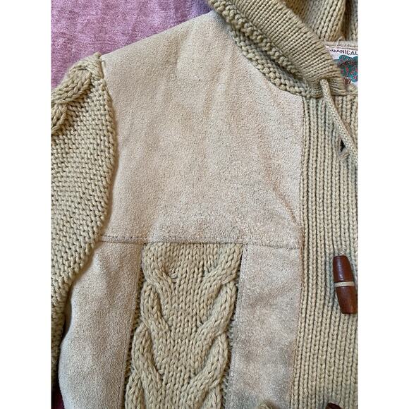 Vintage 1970s Does 30s Arpeja Cable Knit Suede Fisherman Cardigan Sweater Sz S M - Picture 8 of 9